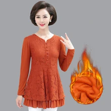 Кружевная теплая бархатная футболка Топ для женщин с длинным рукавом Осень-Зима Джемпер Повседневный Плюс Размер мама футболка пуловер