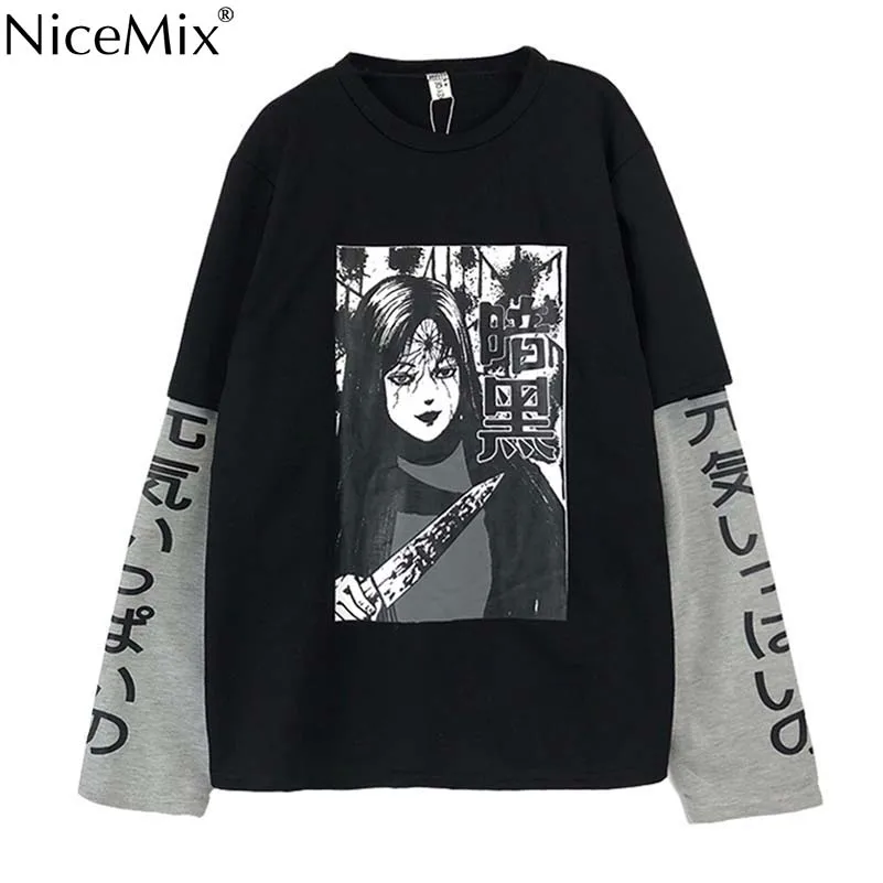  NiceMix Harajuku Sweatshirt Women Patchwork Unisex Pullovers Japanese Anime Print Comics Jumpers Fa