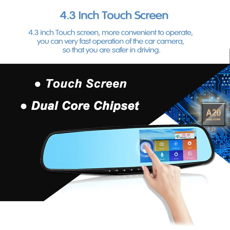  E-ACE Car Dvr Dash Cam 4.3 Inch Touch FHD 1080P Rearview Mirror Video Recorder Dual Lens Auto Regis