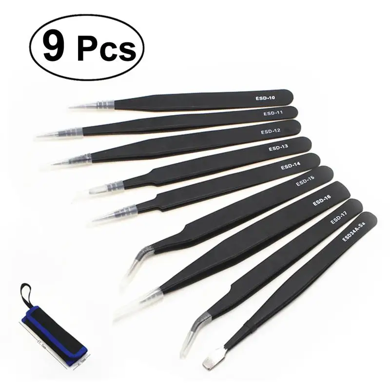 9Pcs Tweezers Kit with Protective Bag Precision Anti static ESD
