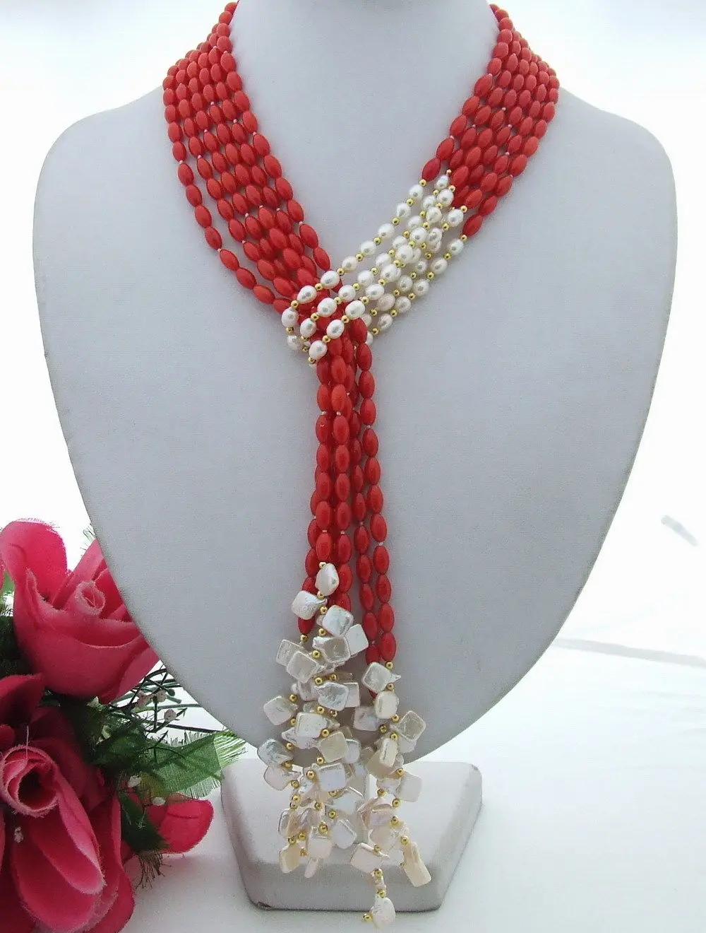 

FC030609 51" 3Strands Keshi Pearl Coral Necklace