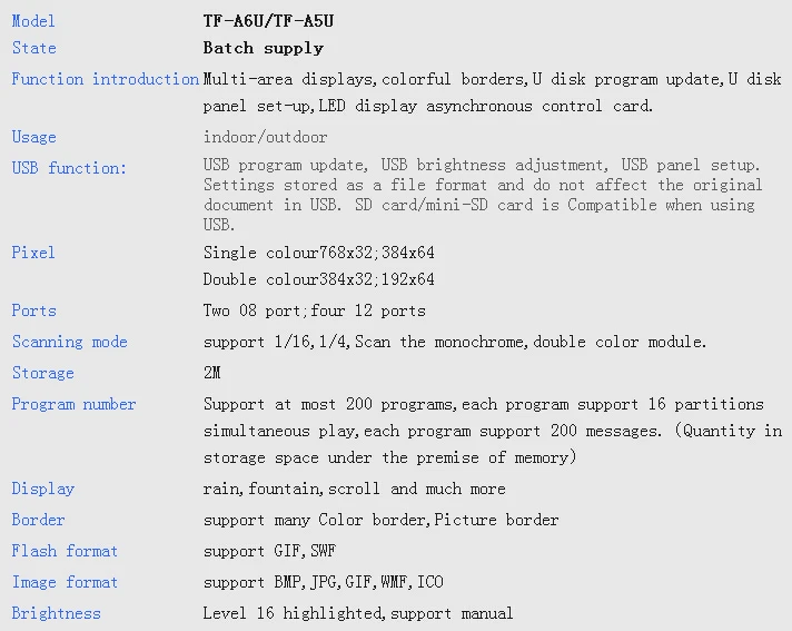 Tf-a6u longgreat TF светодиодный Дисплей Управление асинхронными один двойной Цвет 768*32 384*64 точек