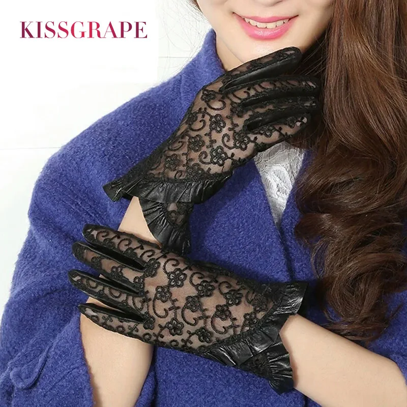 New Lady Luxury Elegant Genuine Leather Lace Gloves Women Summer