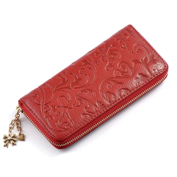 

Genuine Leather Wallets Female Purses Top Quality Cow Leather Women Purse Long Embossing Morning Glory Best Design Lady Purses