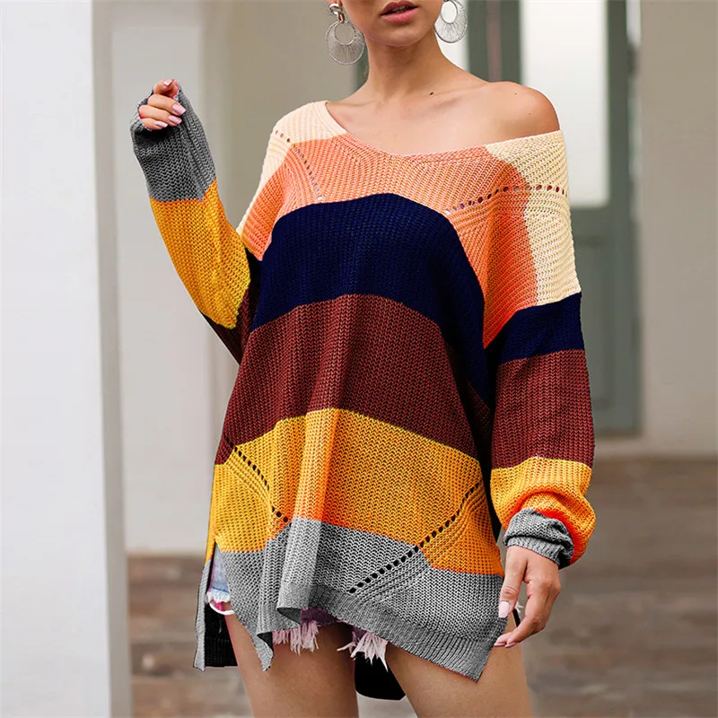 Свободные женские свитера на осень повседневные уличные цвета пэчворк Радужный женский свитер-пуловер вязаный свитер плюс размер GV683