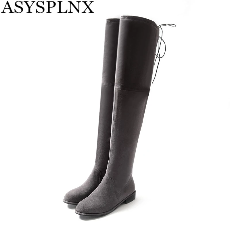 ASYSPLNX sexy suede sheepskin genuine leather round toe fashion thigh high boots women Winter casual elegant
