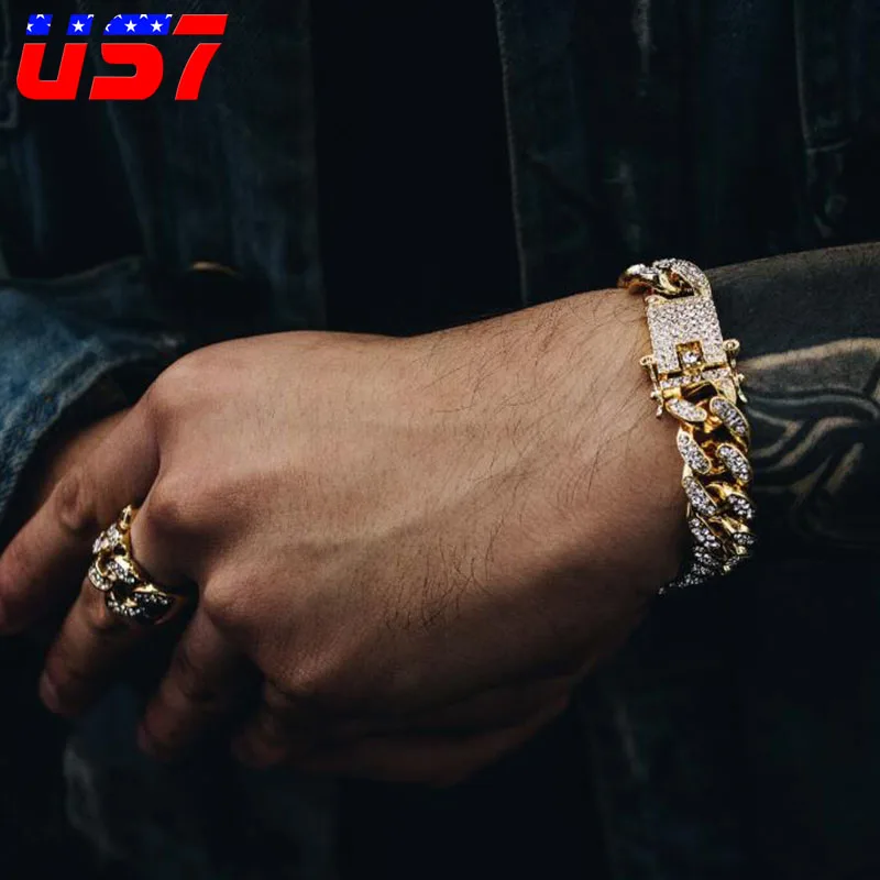 US7, Bling Iced Out, кубинская цепочка, полностью проложенный кристалл, мужской браслет, золотой, серебряный цвет, браслеты для мужчин, ювелирные изделия