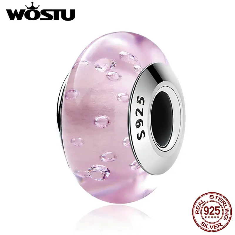

WOSTU Real 925 Sterling Silver Pink Fizzle Glass Murano Glass Beads Fit Original WST Charm Bracelet Fashion Jewelry CQZ025