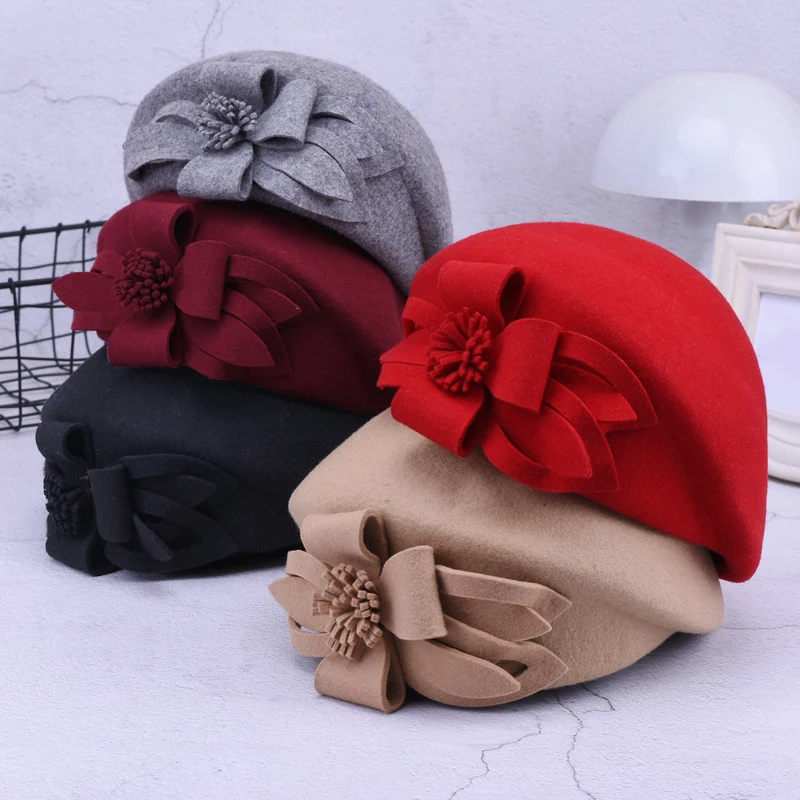 

2019 NEW Autumn And Winter 100% Wool Berets Women Winter Felt Hats Lady French Beret Fashion Flower Wool Beret Caps