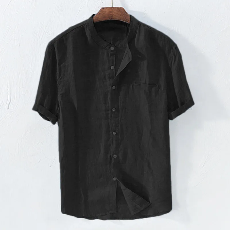 Новая мода, мужские летние мешковатые рубашки с коротким рукавом из хлопка и льна, однотонные пляжные рубашки на пуговицах, высокое качество, мужская повседневная рубашка - Цвет: Black