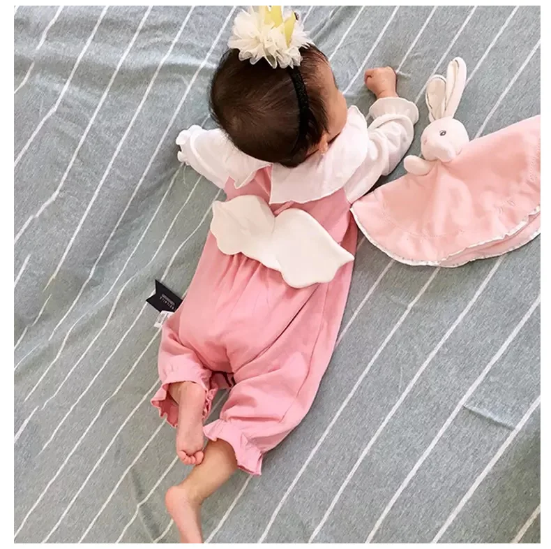 Комбинезон с оборками и крыльями ангела для новорожденных девочек; одежда для малышей; хлопковый комбинезон с длинными рукавами для маленьких девочек; милый розовый комбинезон