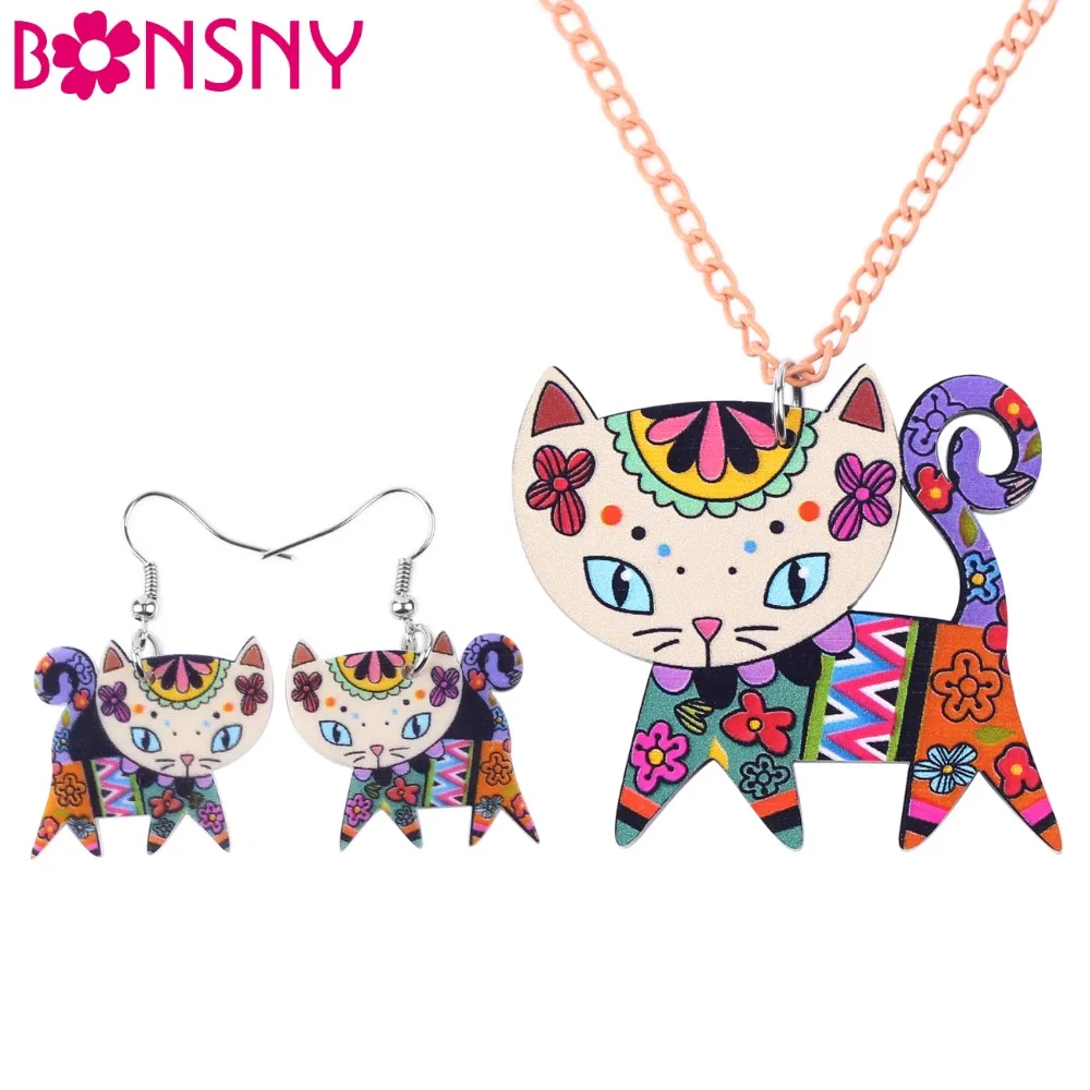 

Bonsny Brand Acrylic Cat Necklace Earrings Jewelry Sets Cute Animal Design Fashion Jewelry 2016 News For Women Girl Gift