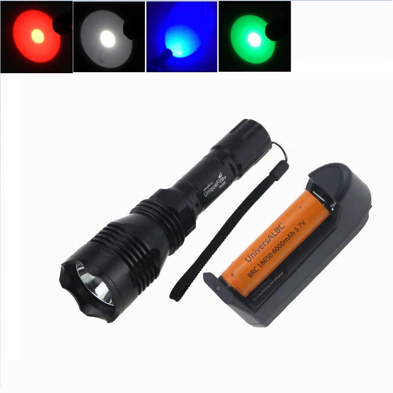 

Tactical Hunting Led Flashlight UniqueFire HS-802 Cree Led green/red/blue/ White Light Bike Lamp Torch +18650 Battery+Charger