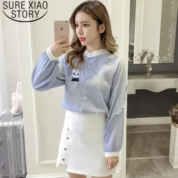 

2019 New Fashion women tops and blouses autumn Korean style stand collar cat embroidered long sleeved striped shirt 1378 45