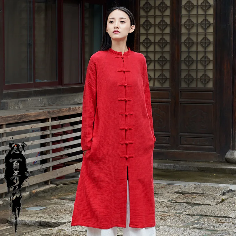 

Spring Autumn 2019 Cotton Linen Women Spinning Original Frog Buckle Chinese Style Long Sleeve Coat Trench Cardigan FROG