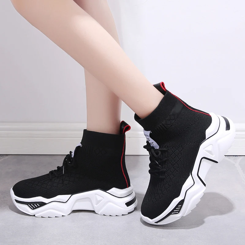

High-top Sock Shoes Women Chunky Sneakers Breathable Mesh Lace-up Ladies Platform Casual Shoes botas mujer 960w
