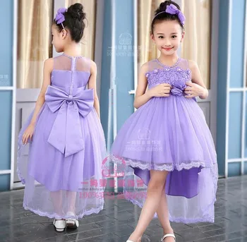 

White/Pink/Purple Trailing flower girl dresses Girls Party Dress Flower Appliques Kids Wedding Dresses Children Clothing 4-12T