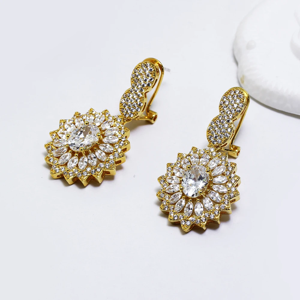 Big wedding jewelry women earrings shiny cubic zirconia crystal jewellery Gold-color large party earrings