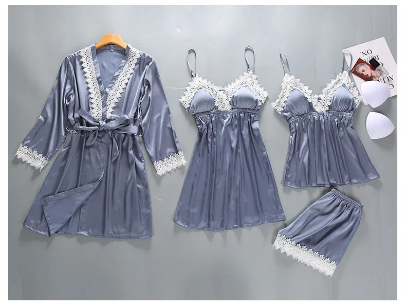 Queenral 4PCS Pajamas Set Satin Sleepwear Female With Chest Pads Long Sleeve Summer Home Clothing Pijama Nightwear Robe Pyjamas (2)
