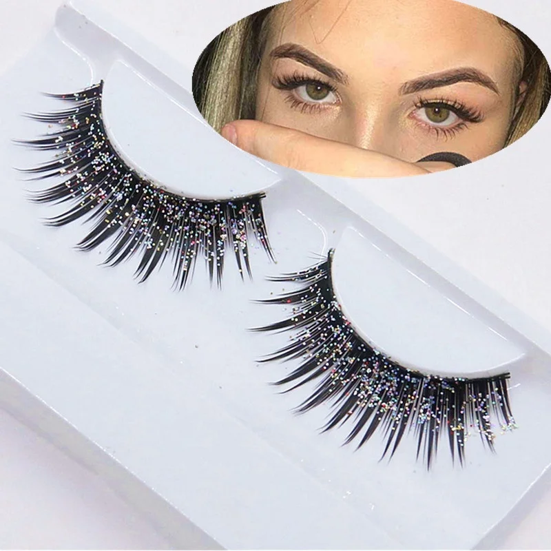 

1 Pair Sequins False Eyelashes Cotton Thread Stems 3D Long Thick Silver Glitter Exaggerated Lashes Nightclub Stage Eye Make up
