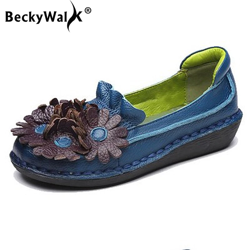 BeckyWalk весенняя женская обувь на плоской подошве из натуральной кожи с цветами