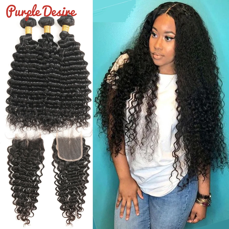 

Deep Curly Hair Bundles With Closure Brazilian Hair Weave 3 Bundles Human Hair with Closure Pureple Desire Remy Hair Extensions