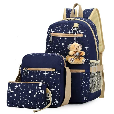 3 шт./компл. Для женщин рюкзак школьные ранцы; принт со звездой; обувь милые рюкзаки с медвежонком для девочек-подростков путешествия рюкзаки Mochila - Цвет: Deep Blue
