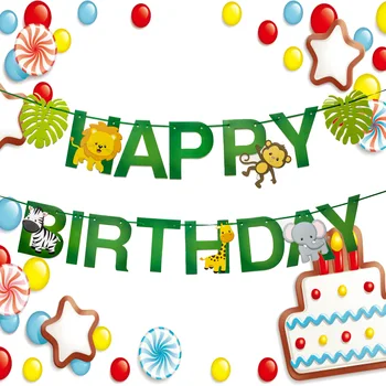 

Happy Birthday Banner Summer Party Decor Hanging Bunting Cartoon Animal Garland Kids Baby Photo Prop Tropical Party Supplies