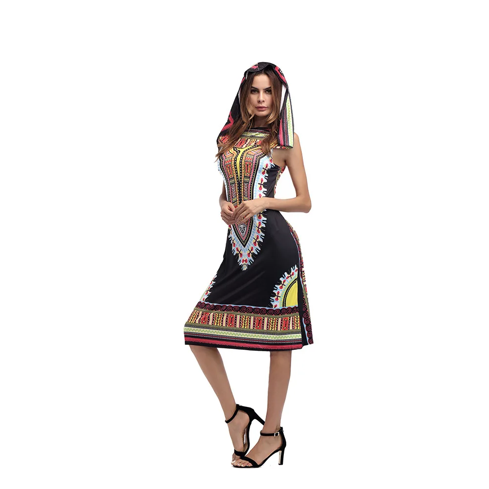 2018 Women Dress Suits Printed Geometric Hooded sleeveless summer printing hooded skirt female fashion national style Dress