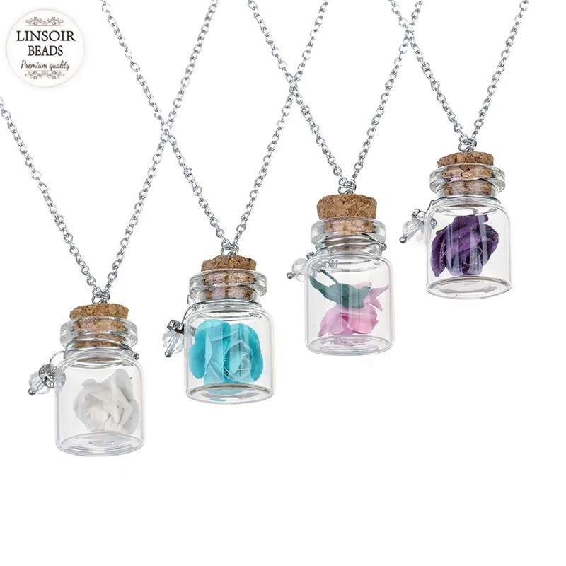 

LINSOIR 2019 Fashion Women Rose Glass Bottle Necklace Long Silver Chain Dried Flower Pendant Miniature Terrarium Jewelry F5686