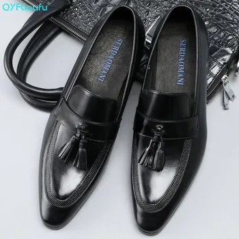 

QYFCIOUFU New 2019 Fashion Genuine Leather High Quality Pointed Toe Dress Shoes Men Slip On Tassel Wedding Shoes Formal Shoes