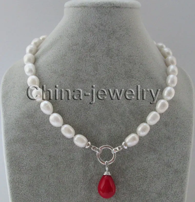 

fast AAA 18 " 13-14mm natural white rice shape freshwater pearl necklace +20mm red AAA