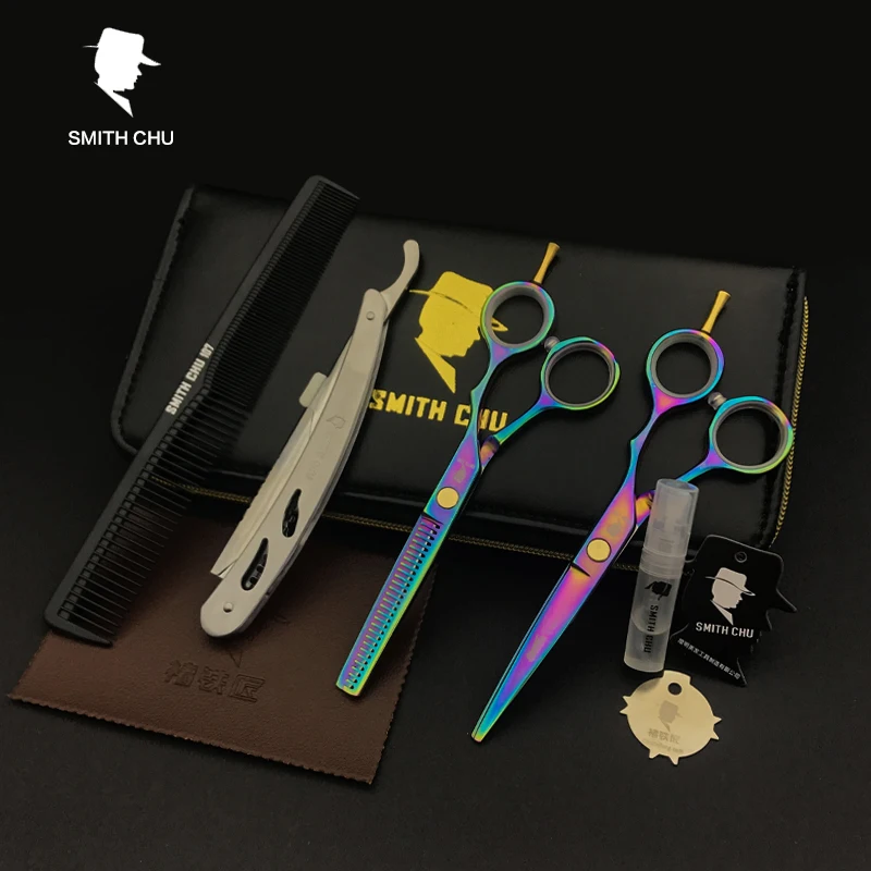 SMITH CHU Professional Hair Scissors set 5.5 inch Rainbow Straight & Thinning scissors barber shears +razor+comb +kits