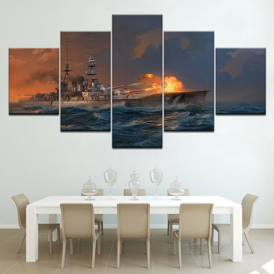 5 Panel Battleship Naval Military Canvas Printed Painting Living Room