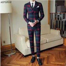 Red Plaid Suit For Men Jacket Vest Pant 2018 New Party Wedding Suits Men Costume Mariage