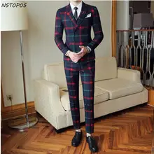 Red Plaid Suit For Men (Jacket +Vest+Pant) 2018 New Party Wedding Suits Men Costume Mariage Homme Check Male Suit British Style