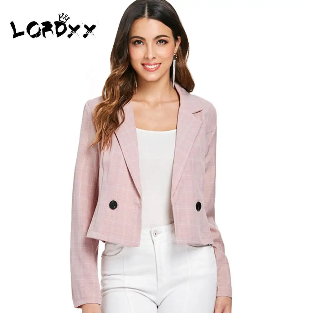 LORDXX Pink Women's Jacket Long Sleeve Short Plaid Print Buttons Women