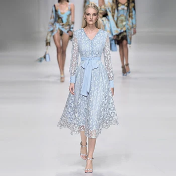 

High Quality Designer Runway Dress 2018 Autumn Women Elegant V-neck Long Sleeve Blue Pleated Midi Lace Dress With Belt