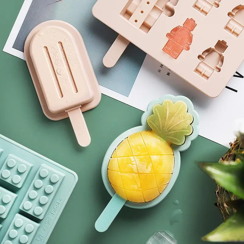 

Food Grade Silicone Ice Cream Molds Reusable Pudding Ice Lolly Moulds Freezer Cartoon Ice Cube Maker Popsicle Sticks DIY Tools