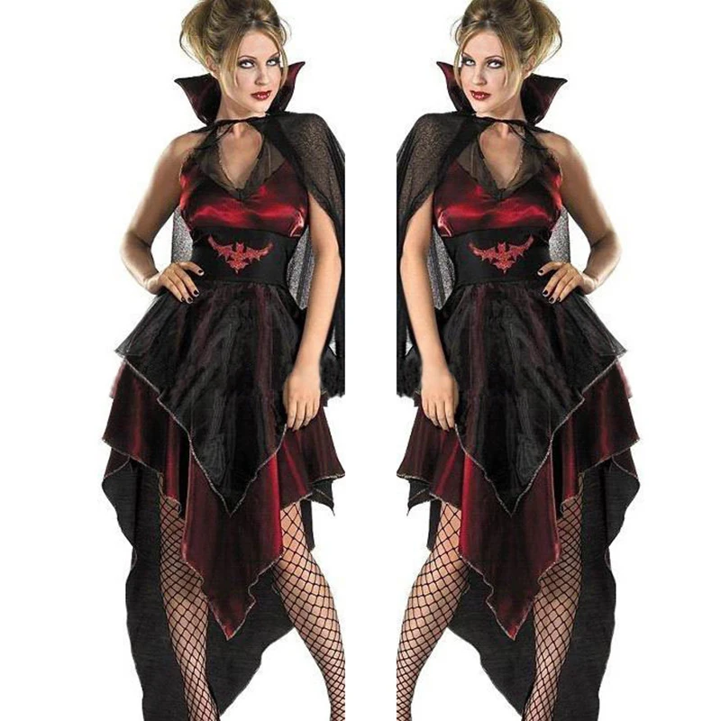 

2017 Halloween Zombie Masquerade Costumes Evil Vampire Queen Cosplay Black Gauze Irregular Ghost Bride Dress Vampire Bat Costume