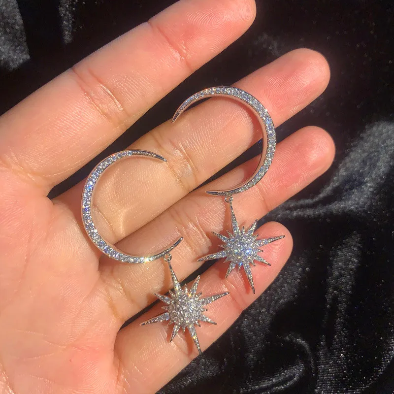 Роскошные женские хрустальные серьги в виде Луны и звезды роскошные 925 серебряные золотые серьги-гвоздики для женщин модные двойные свадебные серьги