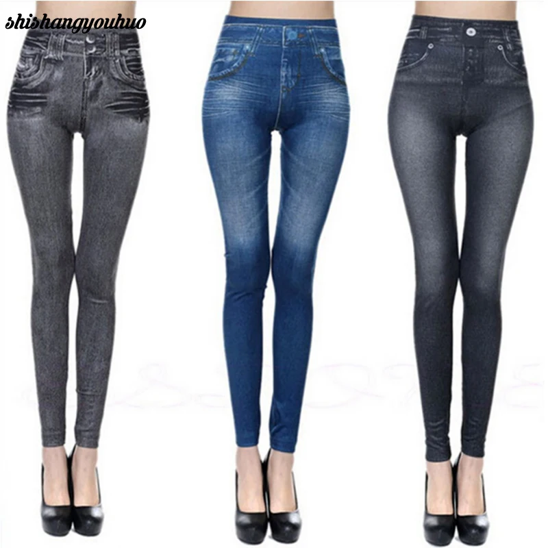 Fashion Slim Women Leggings Faux Denim Jeans Leggings Sexy Long Pocket