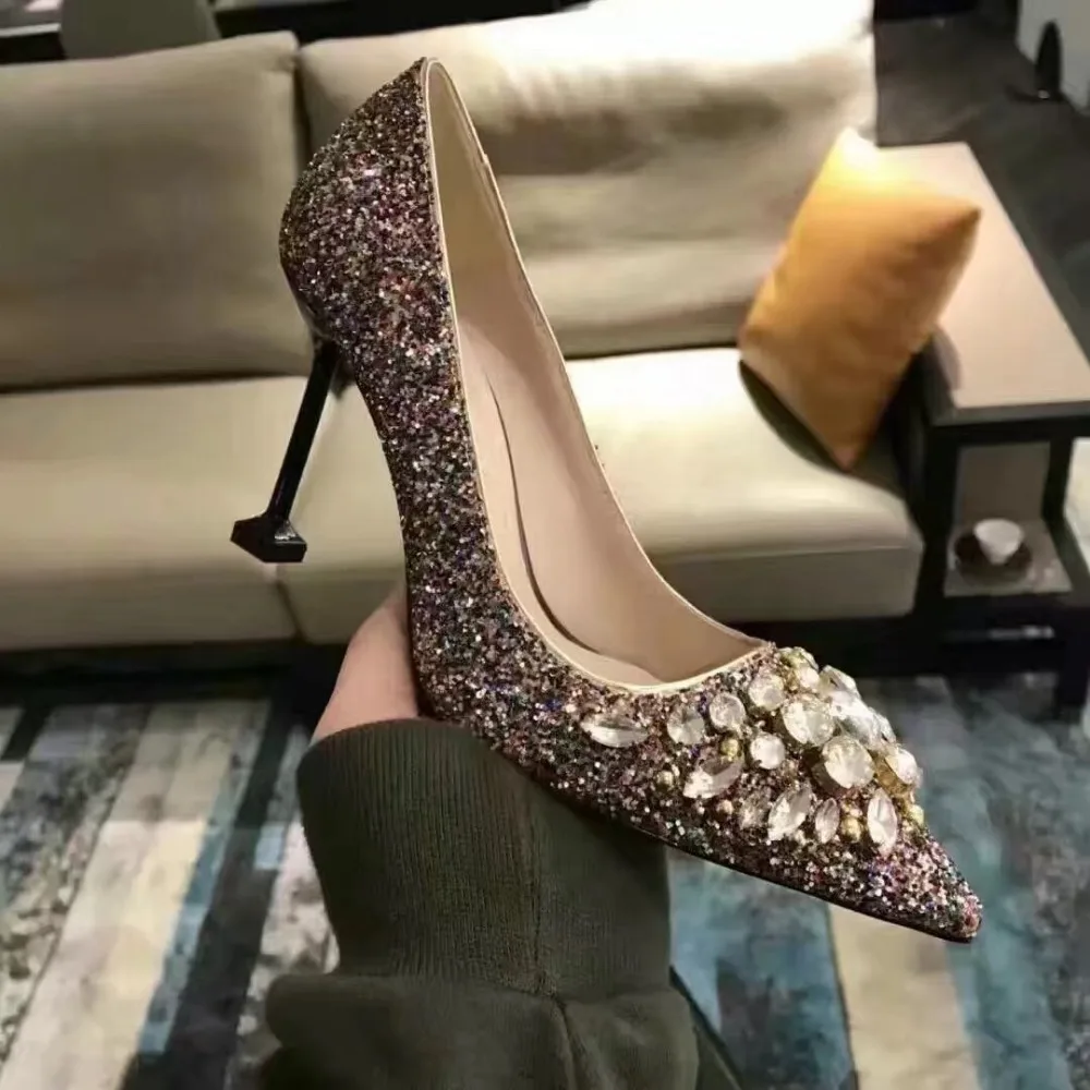 

2017 New Spring Summer Sweet Pumps Shallow Bling High Heels Shoes Woman Pointed Toe Designer Woman Pumps Woman Shoes Tide Party