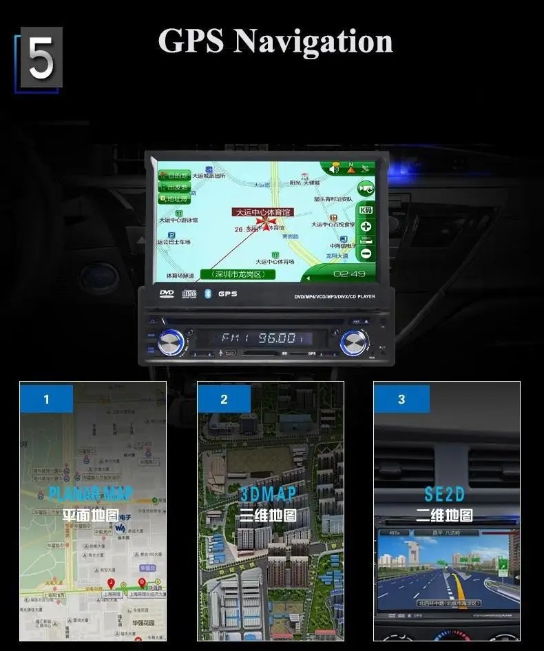 Best universal 1 Din 7" Car DVD GPS player with audio Radio stereo,USB/SD,BT,free map,rear view camera,Manually retractable screen 6