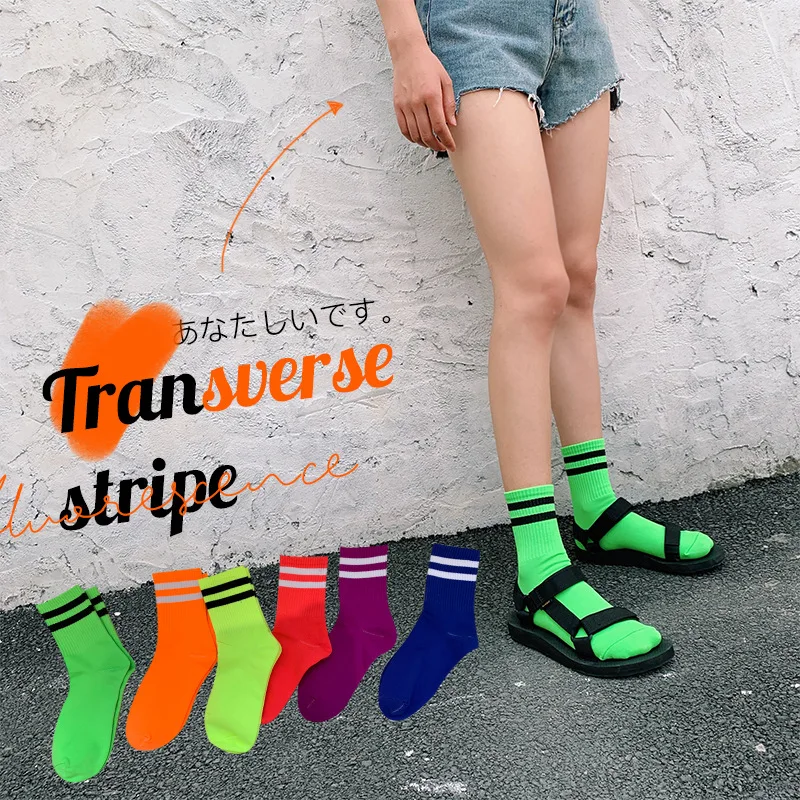 

SP&CITY 3 Pairs/Set New Arrival Colored Women Fluorescence Solid Striped Hop Socks Ins Style Fashion Student Hip Hop Durable Sox