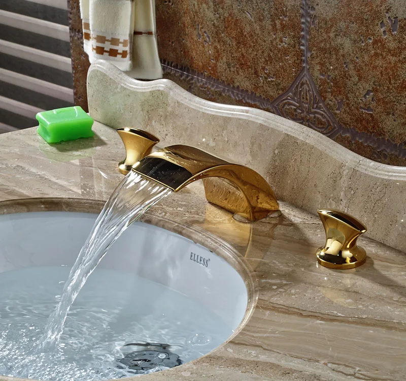 

Gold Polished Deck Mounted Bathroom Basin Faucet 3pcs Waterfall Spout