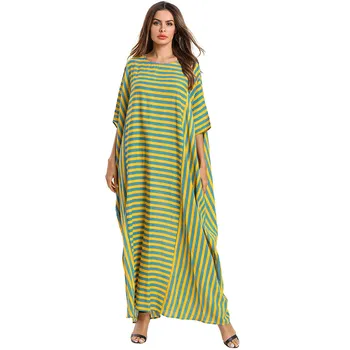 

2019 Women Summer Dress O Neck Yellow Striped Dress Plus Size 3/4 Batwing Sleeve Vestidos de verano