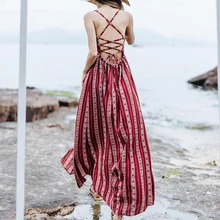 Khale Yose Summer Maxi Dress Backless Boho Chic Women s Beach Dress Red Spaghetti Bandage Holiday