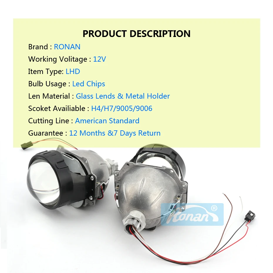 Светодиодный налобный светильник RONAN 3," Bi для проектора с фишками Sam-Sung для H1 H4 H7 9005 90006, автомобильный налобный светильник, модифицированный автомобильный Стайлинг