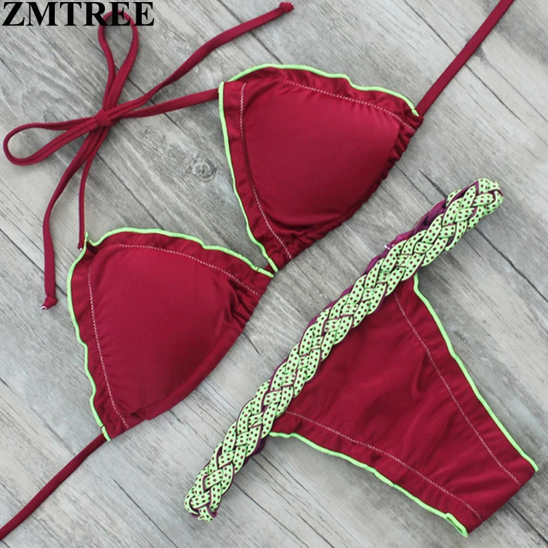 

ZMTREE 2017 Newest Hot Bikini Set Red Solid Color Swimwear Women Sexy Swimsuit Halter Top Bikinis Thong Style Beach Bathing Suit